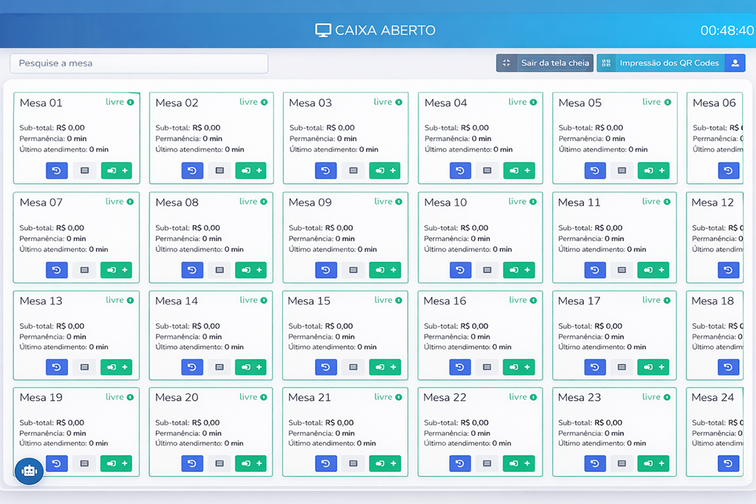 Tela de mesas do sistema Ebyte Delivery 