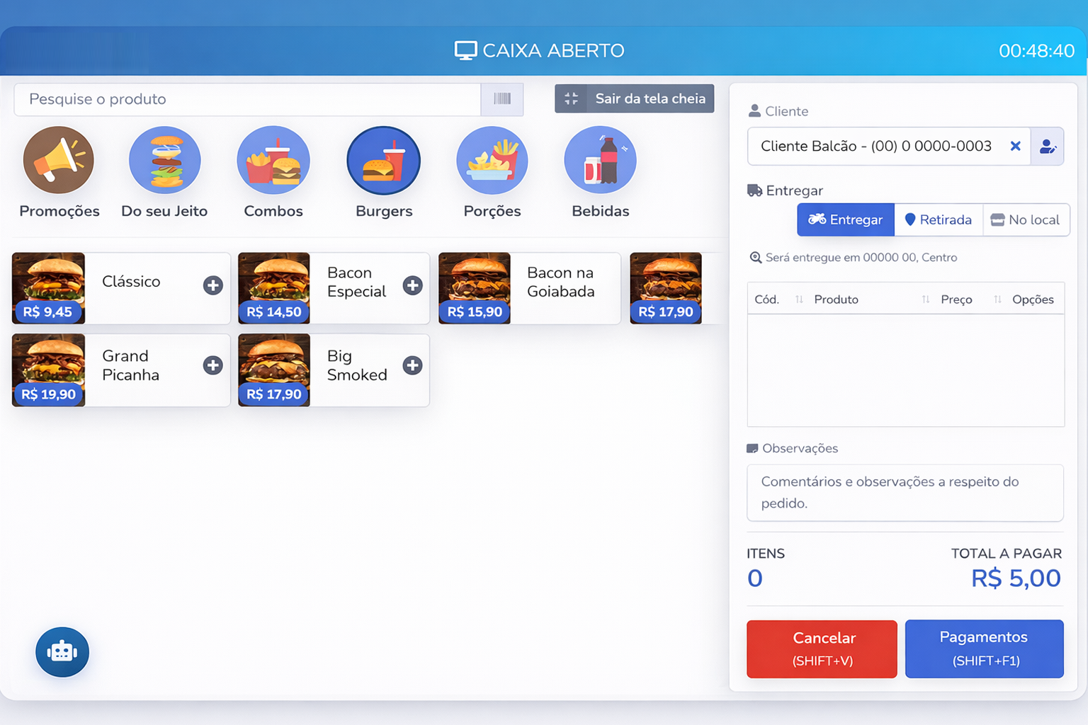 Tela de pedidos do sistema Ebyte Delivery 